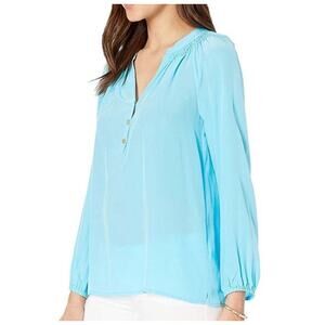 Lilly Pulitzer Elsa Silk Top Blouse Long Sleeve Smocked Neck Bali Blue Size XL